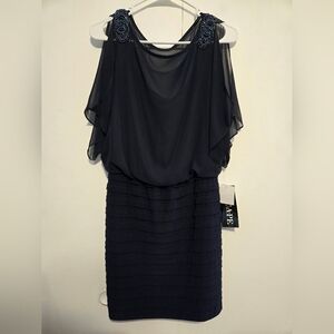 Xscape Navy Beaded Cocktail Dress Size 6 Sheer Overlay NWT Elegant